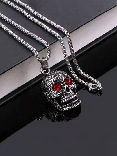 1 Domineering Diamond-encrusted Red Eye Skull Long Necklace For Men, Dark Style Chain Necklace