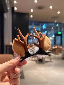 1 对毛茸茸的鹿角咖啡圣诞发夹，可爱驯鹿鹿角发夹圣诞派对装饰发饰