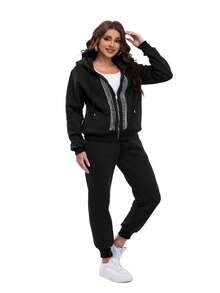 Set Sports Pants With Hood Solid Color With Zipper With Drawstring With Thermal Lining Application - Black - View 4