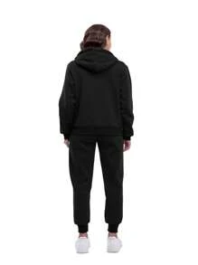 Set Sports Pants With Hood Solid Color With Zipper With Drawstring With Thermal Lining Application - Black - View 2