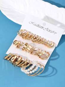 18pairs Pearl & Geometric Shape Earrings Set - Yellow Gold - View 3