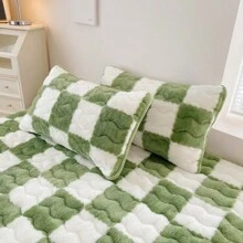 秋冬格子保暖枕套一对 带绗缝加厚保暖枕套（不含枕芯） - 綠色 - 查看 4