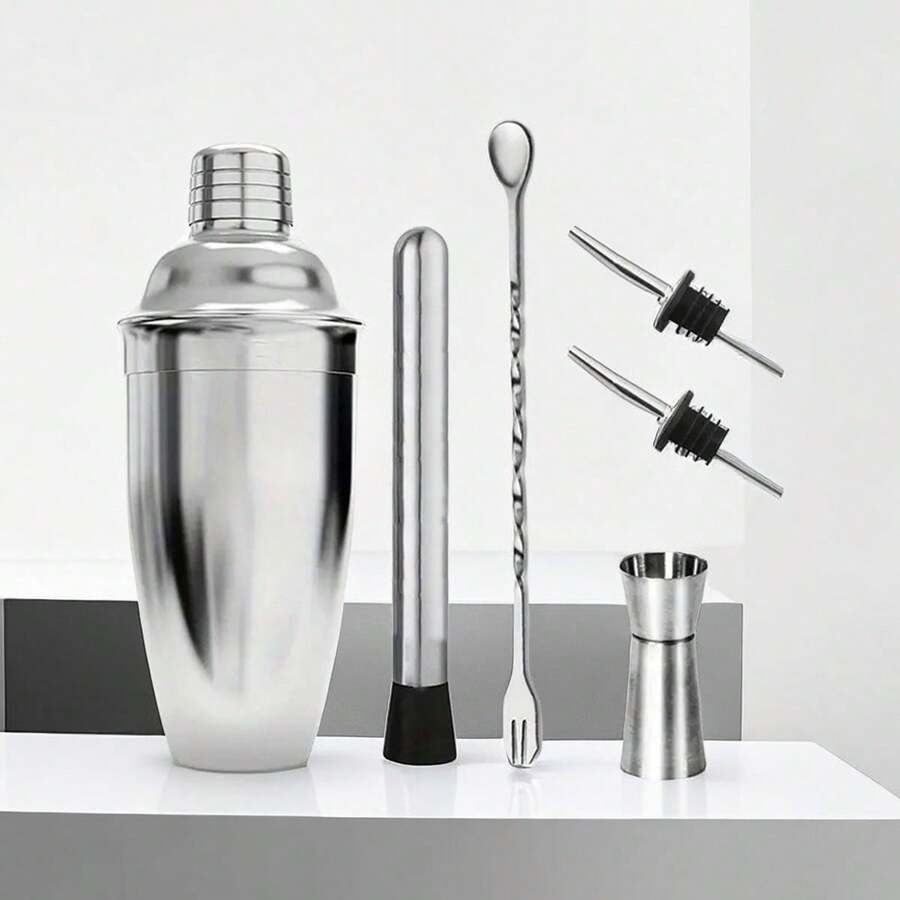 1 Set Of 6 Stainless Steel Cocktail Shaker Set, Bartender Tool For Parties And Bars - Silver - View 1