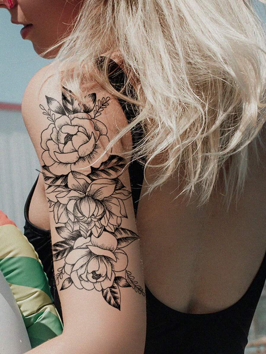 1pc Classic Peony Flower Pattern Black Sketch Temporary Tattoo Sticker For Wrist, Arm, Leg, Clavicle, Shoulder, Back - Black - View 1