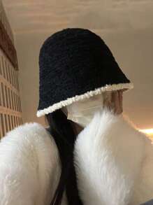 可爱单件女士拼色毛绒渔夫帽，适合秋冬休闲装冬季服装 - 黑色 - 查看 2