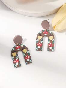 1雙女式松果蘑菇圖案印花黏土質感拱形壓克力耳環 - 彩色 - 查看 3