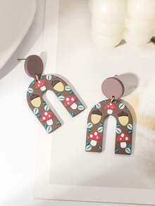 1雙女式松果蘑菇圖案印花黏土質感拱形壓克力耳環 - 彩色 - 查看 5