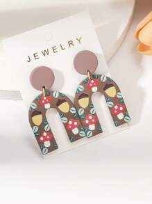 1雙女式松果蘑菇圖案印花黏土質感拱形壓克力耳環 - 彩色 - 查看 1