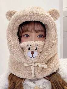1 Miếng Phim hoạt hình dễ thương Sang trọng Hình gấu Ấm áp Mũ len , Đơn giản Và Phong cách ngọt ngào Đối với Mùa thu Và Mùa Đông - Màu be - Xem 4