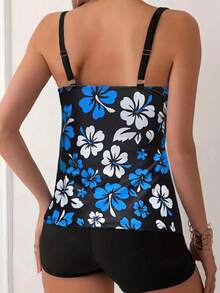 Floral Print Spaghetti Strap Backless Tankini Swimsuit Set, Casual Sexy Beach Outfit, Medium Stretch - Black - View 3