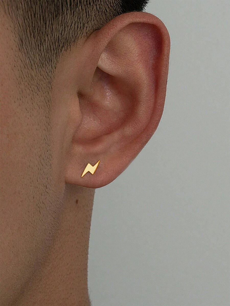 1pc Fashionable Men's Lightning-shaped Stud Earring, Suitable For Daily Wear - Yellow Gold - View 1