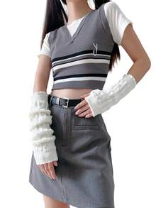 1對(1個長的和1個短的)日本學院風加厚女士手臂暖器,針織羊毛袖套,適用於秋冬保暖、戶外活動和日常穿著