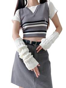 1對(1個長的和1個短的)日本學院風加厚女士手臂暖器,針織羊毛袖套,適用於秋冬保暖、戶外活動和日常穿著