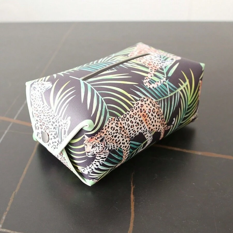 1個手繪熱帶雨林動物印花皮紙巾盒,防水防污適用於家庭、汽車、浴室、廚房、客廳