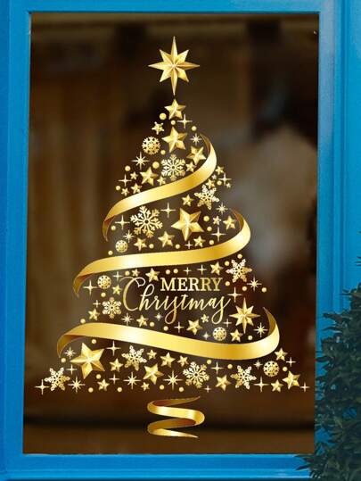 1pc Gold Tree Decorative Glass Sticker, Shop Window Decor,Stickers,Wall Decal, Vinyl Decal For Home Decorations,Spring Decoration Items Refresh Your Home,Rama Decoration Stickers Christmas Decorations Room Decor Christmas