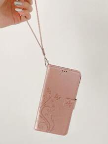 keyunfei 1pc Rose Gold Butterfly Embossed Card Slot Stand Wallet Flip Cover With Wrist Strap Phone Case Compatible With IPhone 17/15/16E, Galaxy A51 4G, OnePlus Nord CE 3 Lite, POCO X4PRO 5G, Redmi A1+/A2+, Pixel 8, Honor X9a 5G, Magic 5 Lite, Y5p