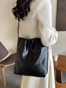 女性鑽石格紋大容量簡約肩袋,全pu材質,適用於日常通勤 - 黑色 - 查看 4