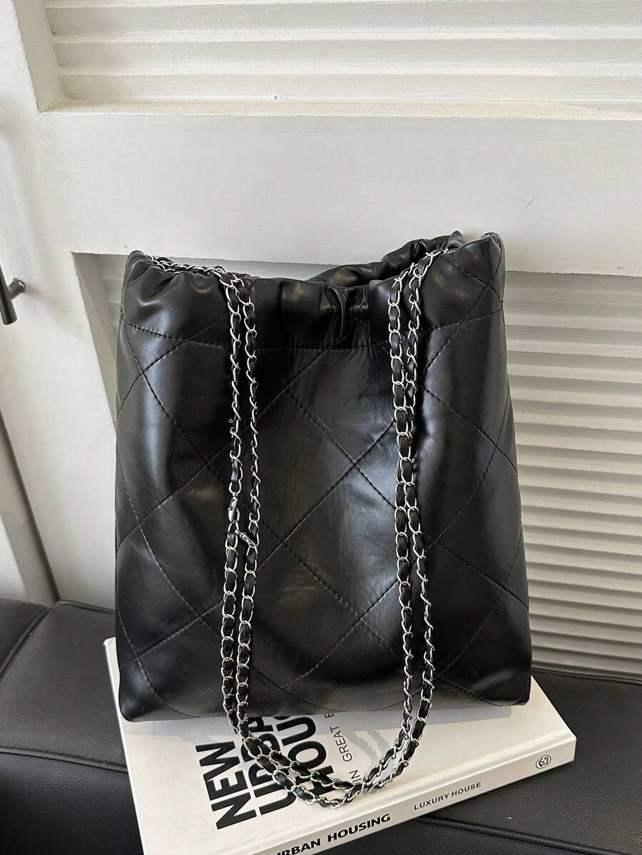 女性鑽石格紋大容量簡約肩袋,全pu材質,適用於日常通勤 - 黑色 - 查看 1