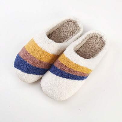 Colorful Women's Warm Embroidered Indoor Slippers Cartoon Style Winter White Teddy Hair Memory Foam Three-color Stitching Flat Indoor Slippers