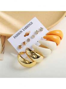 1個時尚的丙烯酸耳環套裝,包括6個具創意的簡單耳釘,附有鑽石/星星細節和c形耳環 - 金色 - 查看 3