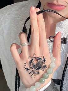 1 Pieza Pegatina De Tatuaje Musical Little Devil, No Reflectante E Impermeable, Para Brazo O Espalda De Hombre - Negro - Ver 2