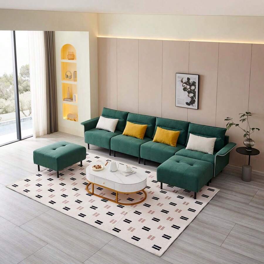 U-Shaped Sectional Sofa with 2 Removeable Ottoman and 4 Pillows - Green - View 1