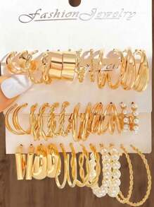 18pairs Pearl & Geometric Shape Earrings Set - Yellow Gold - View 1