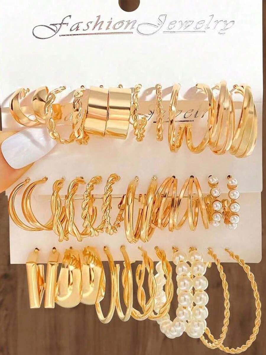 18pairs Pearl & Geometric Shape Earrings Set - Yellow Gold - View 1