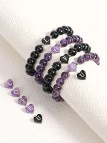 1pc 26 Letter A-Z Initial Heart Shape Crystal Bracelets 8MM Real Natural Stone Beads Amethysts Obsidian Sodalite Rose Quartz Bracelet For Couple - Purple - View 3