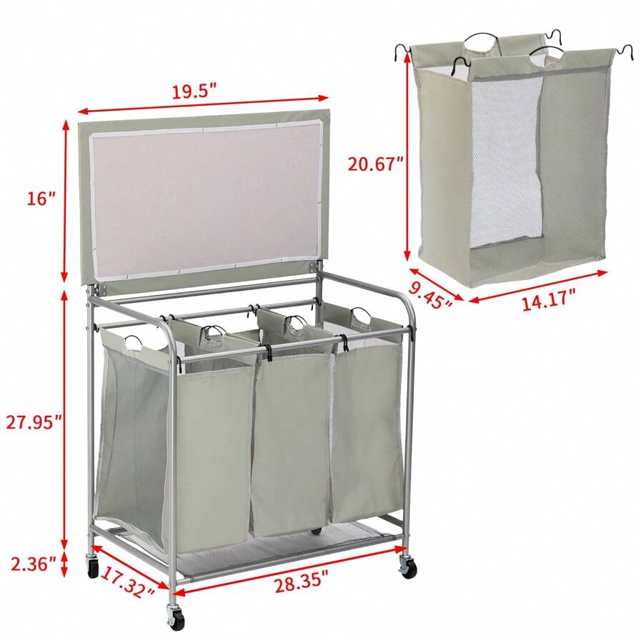 Laundry Sorter Cart with Ironing Board 3 Section Rolling 240l Laundry