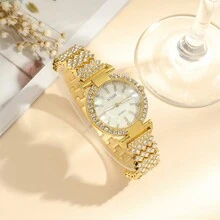 女士星空水鑽裝飾石英手錶,附鋼腕帶,5 件/套 - 金色 - 查看 4