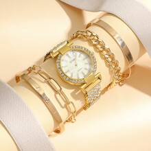 女士星空水鑽裝飾石英手錶,附鋼腕帶,5 件/套 - 金色 - 查看 2