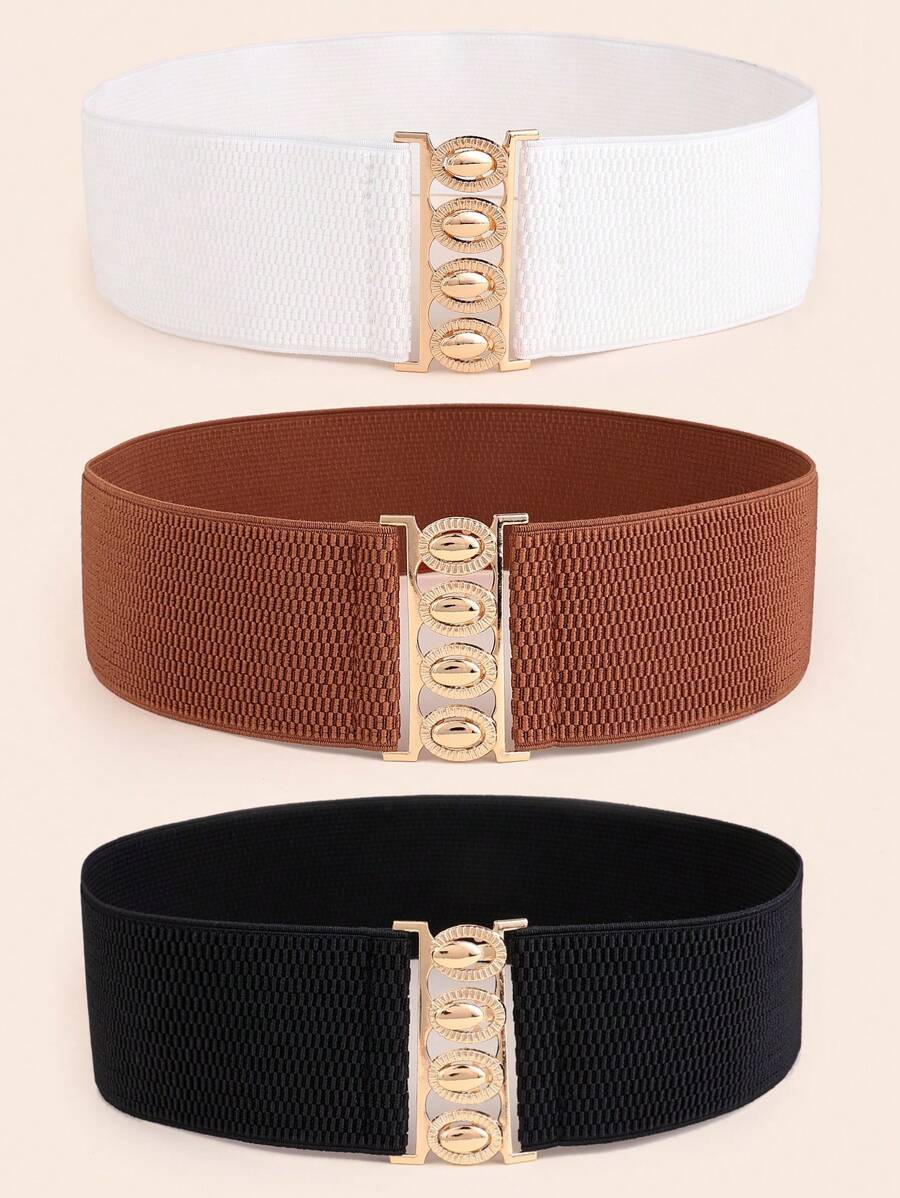1pc/3pcs Metal Buckle Wide Elastic Waist Belt, Suit For Women Dress Halloween Summer, School Fall, Autumn, Halloween - Multicolor - View 1