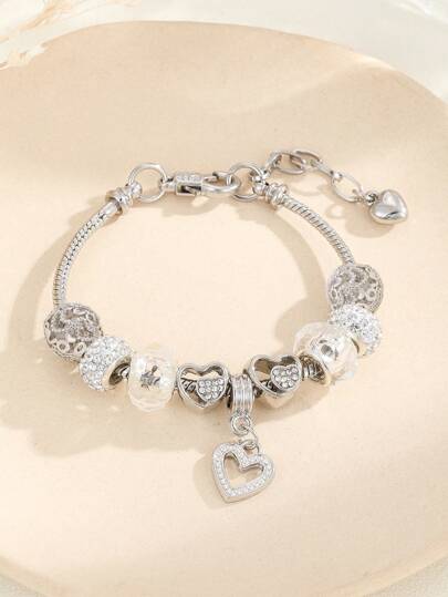 1 pieza Pulsera con decoración de cuentas y Charm calado con incrustaciones de strass, apta para uso diario de mujeres en San Valentín