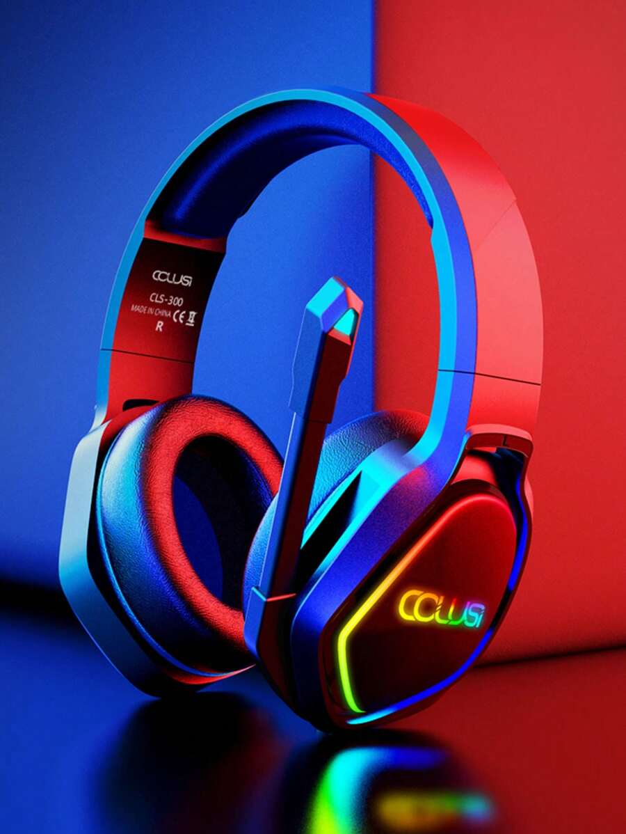 Colusi 立体声游戏耳机兼容 PC 控制器，带麦克风的降噪耳罩式耳机，LED 灯，低音环绕，适用于笔记本电脑的柔软记忆耳罩 - 黑色 - 查看 1