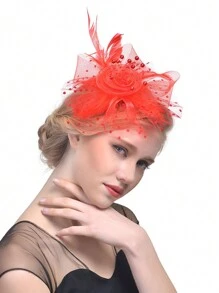 羽毛頭飾,網紗和花卉細節,適合派對和比賽,新娘髮飾