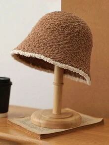 1pc Women's Color Block Plush Bucket Hat, Suitable For Daily Wear In Autumn And Winter - Khaki - View 4