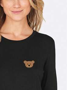 1件柔軟舒適的黑色長袖印花設計家居服上衣,適用於秋冬季節 - 黑色 - 查看 2