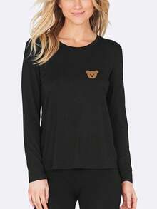 1件柔軟舒適的黑色長袖印花設計家居服上衣,適用於秋冬季節 - 黑色 - 查看 1