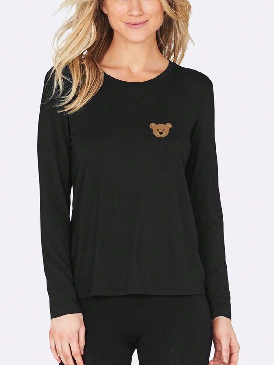 1件柔軟舒適的黑色長袖印花設計家居服上衣,適用於秋冬季節 - 黑色 - 查看 1