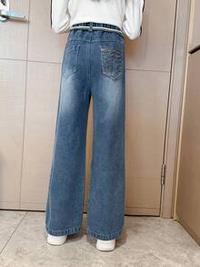 Pantalones De Mezclilla Bordados Para Niñas Con Bolsillos Traseros, Otoño/invierno - Azul - Ver 5