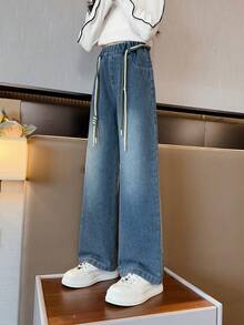 Pantalones De Mezclilla Bordados Para Niñas Con Bolsillos Traseros, Otoño/invierno - Azul - Ver 2