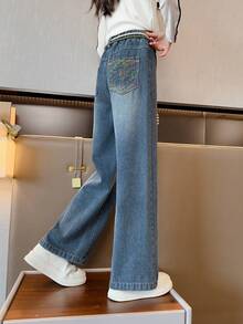 Pantalones De Mezclilla Bordados Para Niñas Con Bolsillos Traseros, Otoño/invierno - Azul - Ver 4