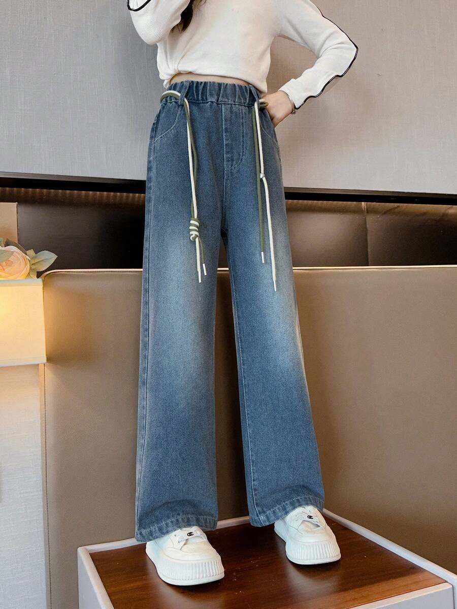 Pantalones De Mezclilla Bordados Para Niñas Con Bolsillos Traseros, Otoño/invierno - Azul - Ver 1