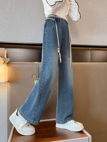 Pantalones De Mezclilla Bordados Para Niñas Con Bolsillos Traseros, Otoño/invierno - Azul - Ver 3