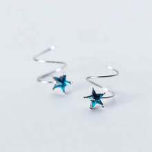 925 Sterling Silver And Fashionable Earrings, Wave Spring Design With Star-Shaped Blue Diamond Inlay - Silver - View 3