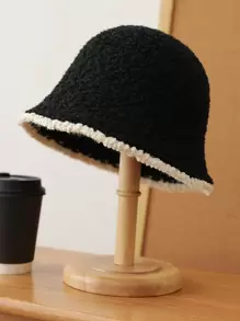 可爱单件女士拼色毛绒渔夫帽，适合秋冬休闲装冬季服装 - 黑色 - 查看 6