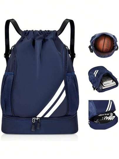 1个男女通用耐用尼龙防水便携背包，适用于运动和旅行，大容量收纳背包，抽绳运动健身包，大容量干湿分离运动包，运动健身瑜伽包，可折叠双肩抽绳包，篮球鞋收纳包，适合登山、健身、瑜伽和上学等活动。