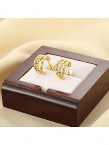 1pair European & American Style Simple Vintage Twisted Design Multilayer Stainless Steel Earrings - Gold - View 3