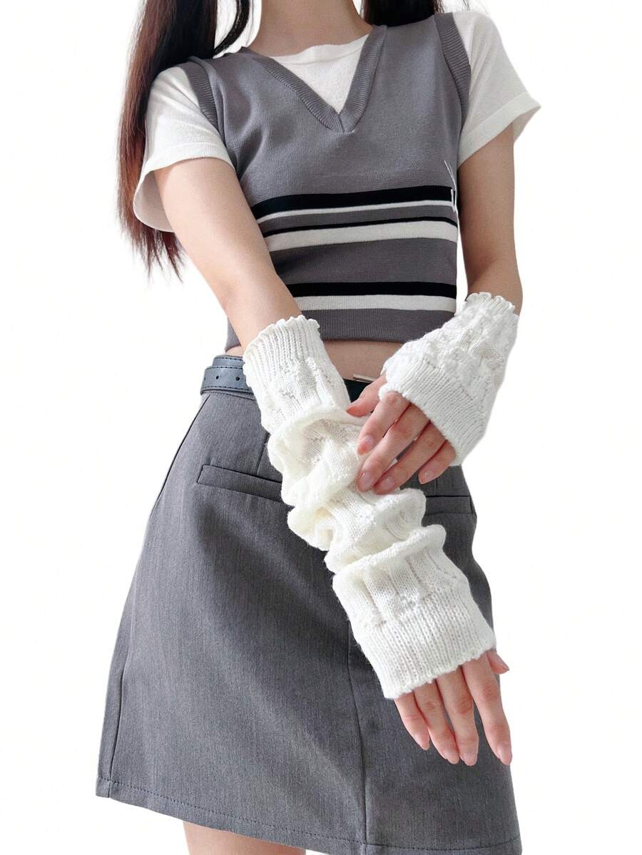 1對(1個長的和1個短的)日本學院風加厚女士手臂暖器,針織羊毛袖套,適用於秋冬保暖、戶外活動和日常穿著